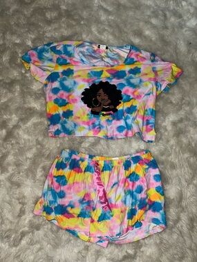 Tie-Dye Cropped Lounge Set with Afro Graphic - Multicolor